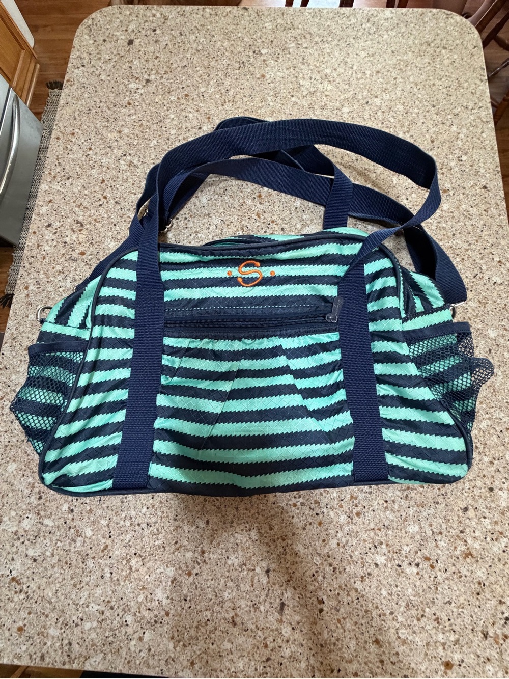 thirty-one Navy and Mint Striped Travel Shoulder Bag